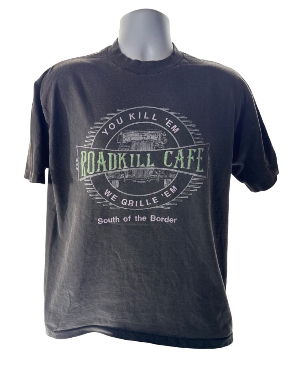Vintage Roadkill Cafe L Graphic T Shirt Cotton Black USA Retro Novelty Faded